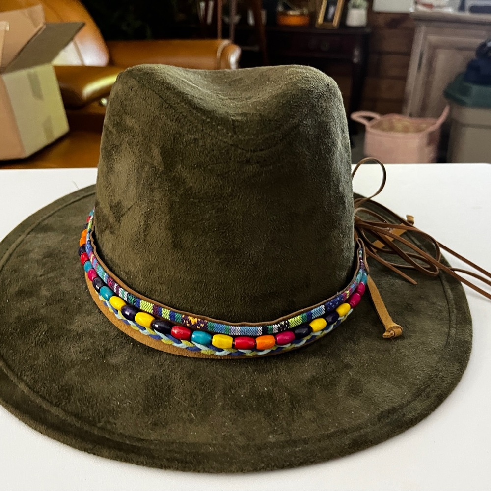 Olive Green Suede Fedora Hat with Colorful Beaded Band for women